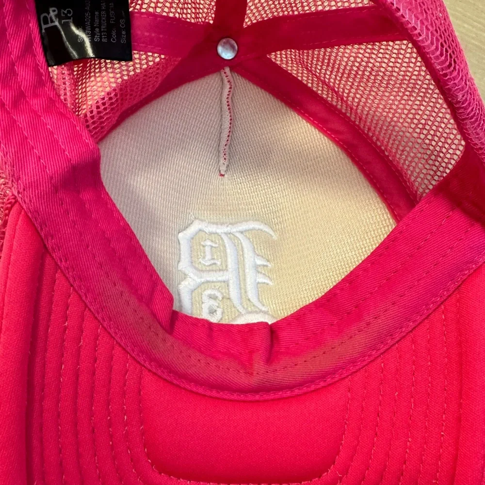 R13 Hot Pink Trucker Hat with White Embroidered 'R13' Logo
